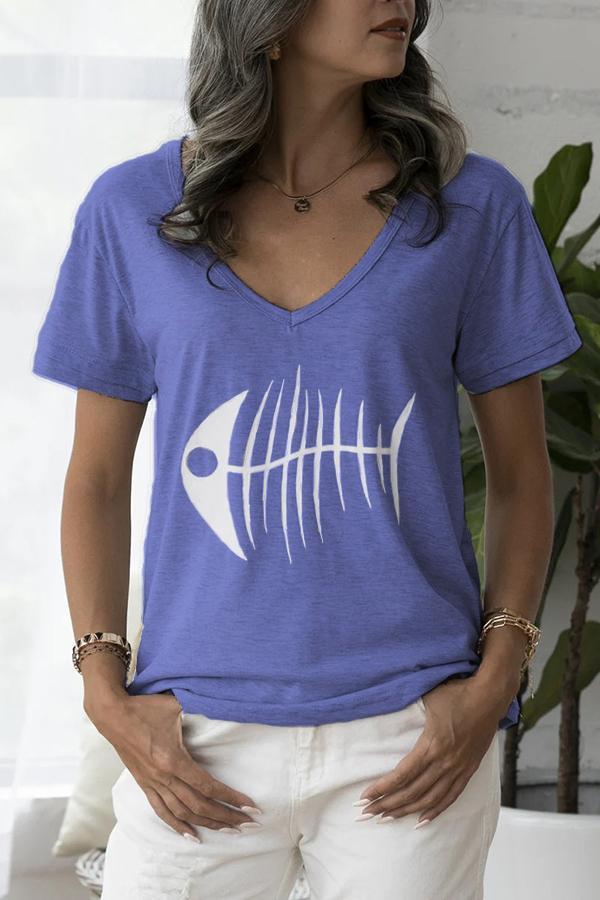 Fishbone Print V-neck Short-sleeve Home T-shirt