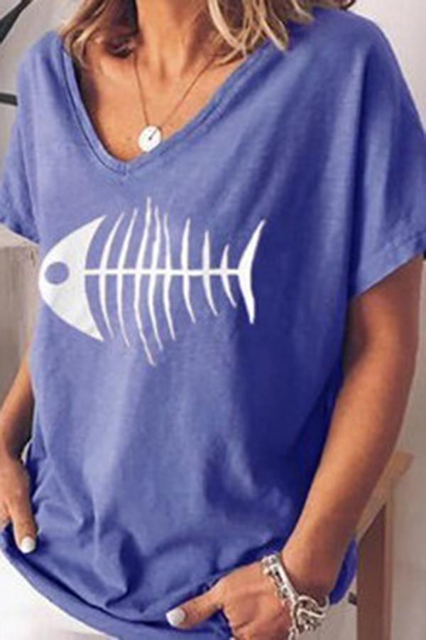 Fishbone Print V-neck Short-sleeve Home T-shirt