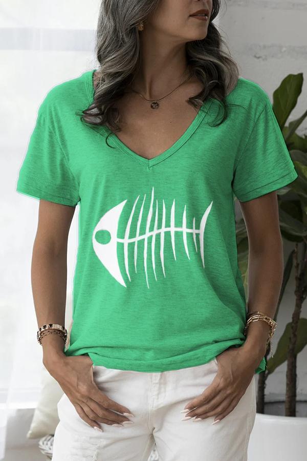 Fishbone Print V-neck Short-sleeve Home T-shirt