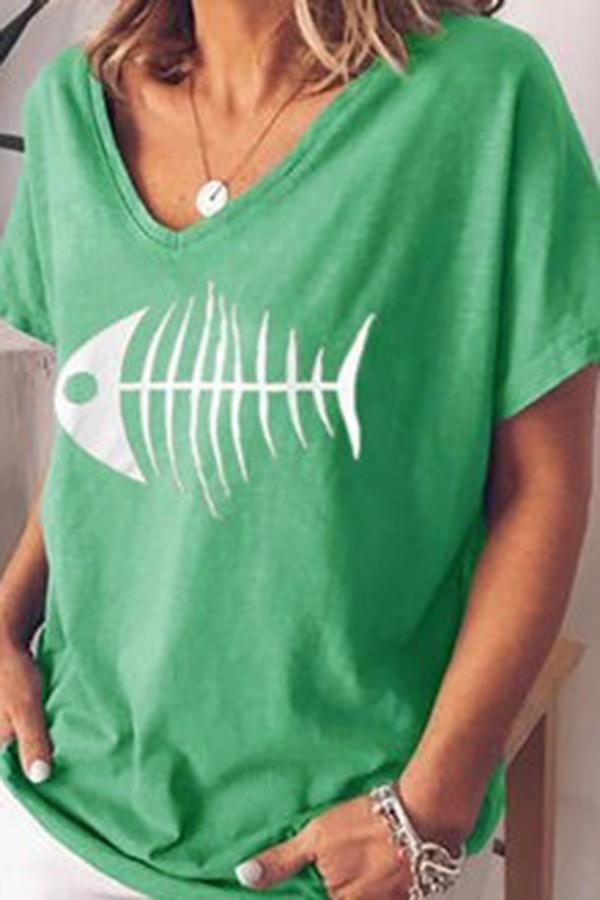 Fishbone Print V-neck Short-sleeve Home T-shirt