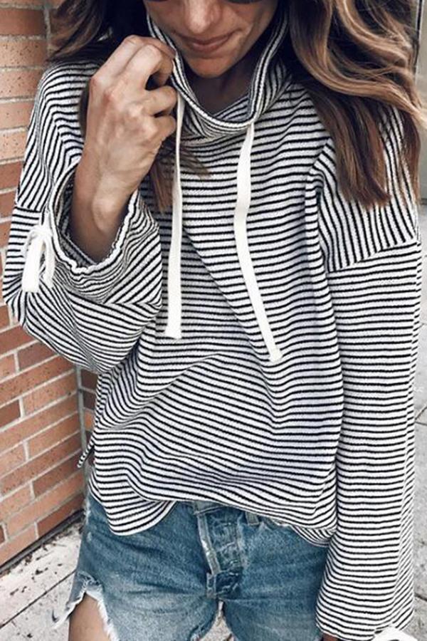 Sports Casual High-neck Striped Loose Sweatshirt