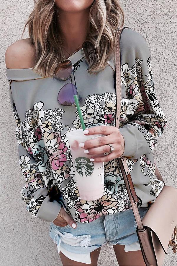 Flower Print Long-sleeved Loose Shoulder Sweatshirt