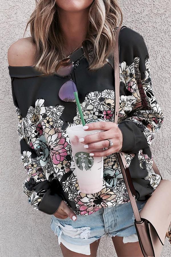 Flower Print Long-sleeved Loose Shoulder Sweatshirt