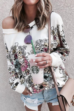 Flower Print Long-sleeved Loose Shoulder Sweatshirt