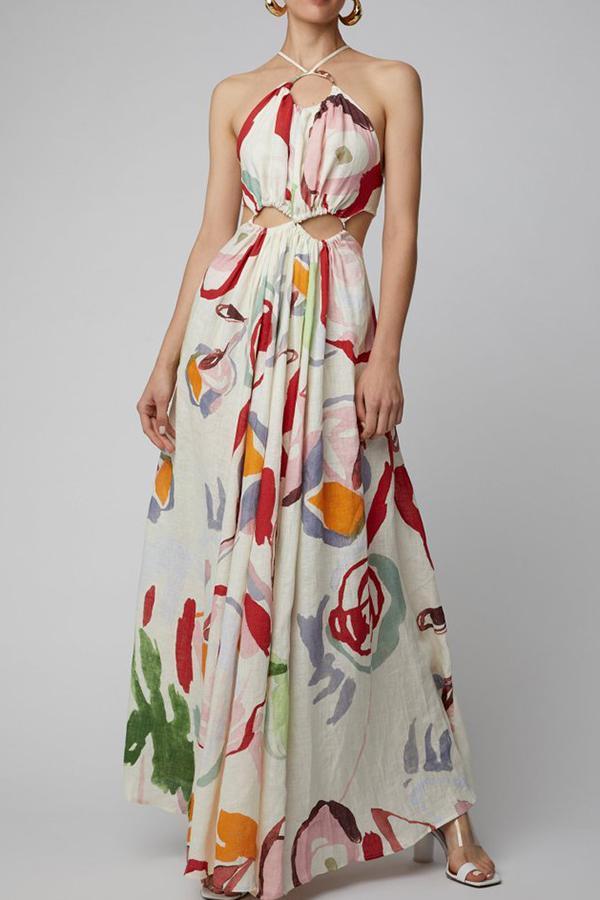 Elegant Printed Tummy Cross Halter Dress 