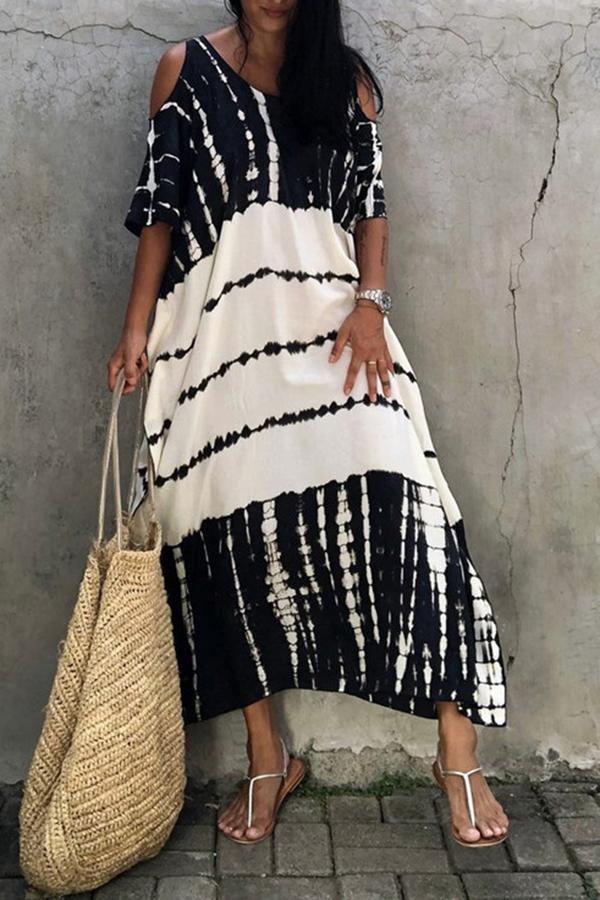 Black White Printed Strapless Oversized Dress