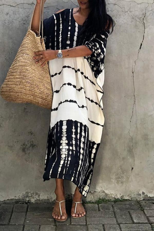 Black White Printed Strapless Oversized Dress