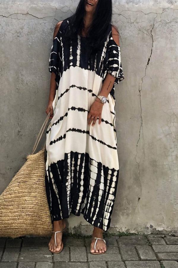 Black White Printed Strapless Oversized Dress