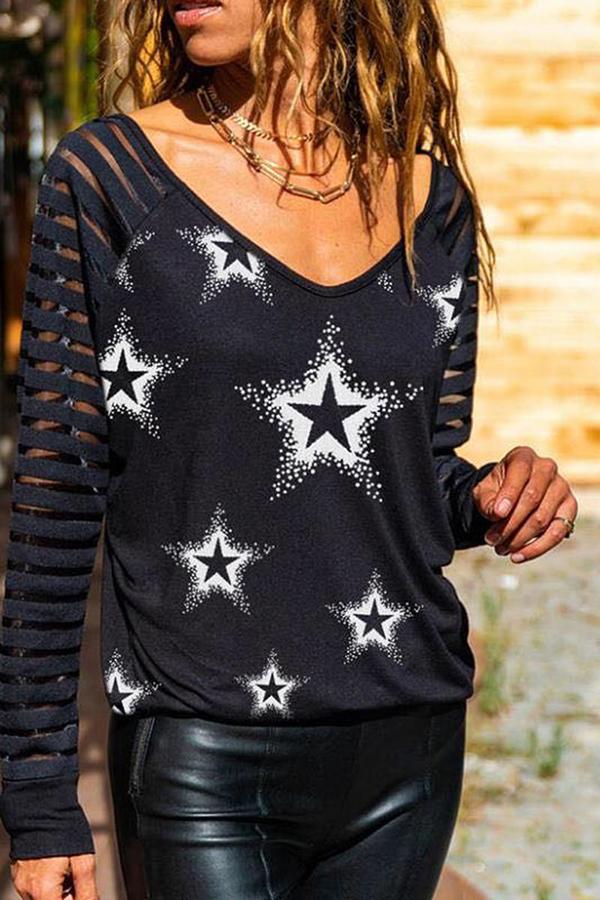 V-neck Star print striped loose T-shirt