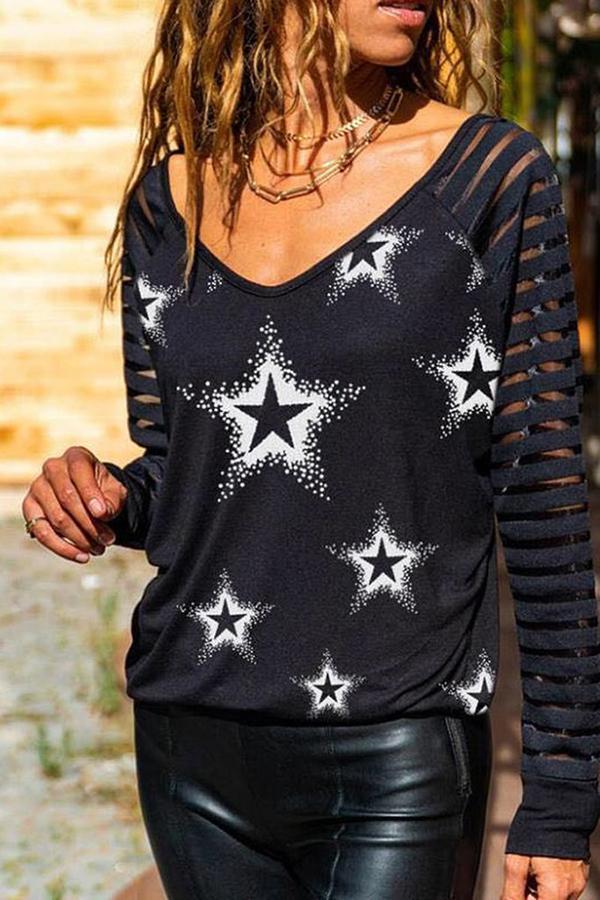 V-neck Star print striped loose T-shirt