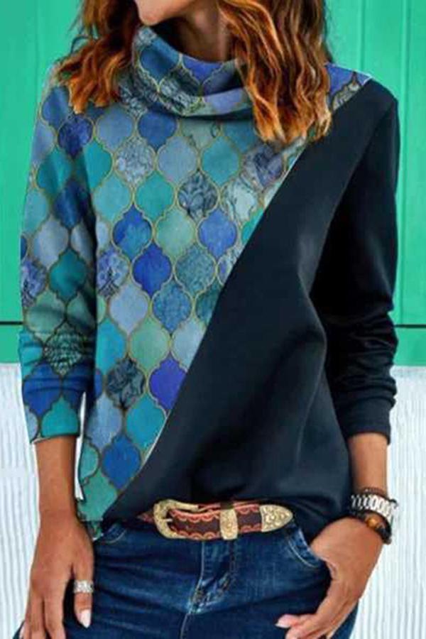 Loose Two-tone Printed Long-sleeved Sweater