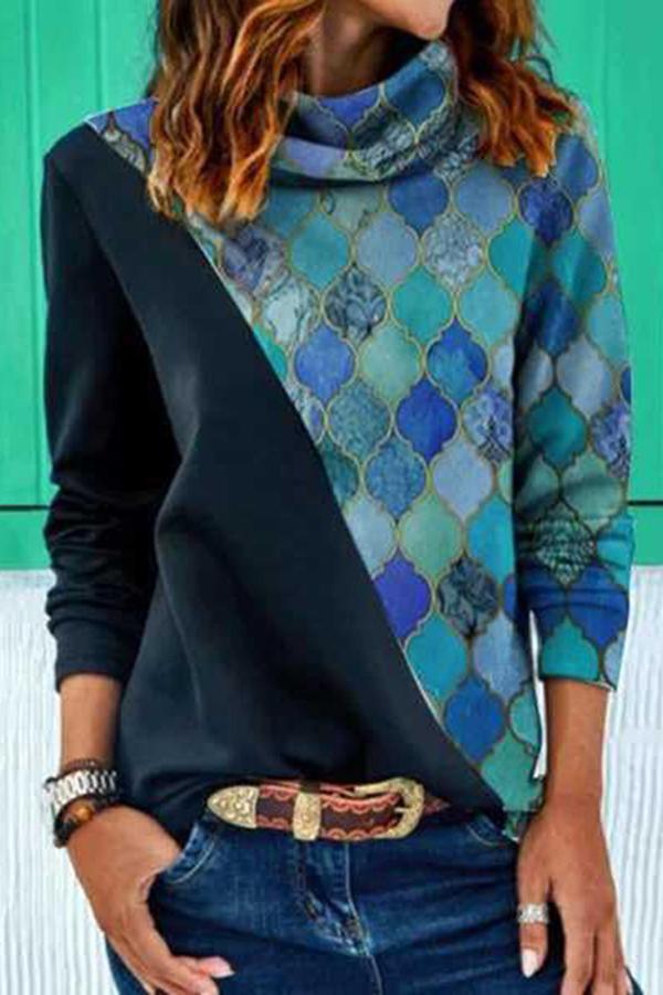 Loose Two-tone Printed Long-sleeved Sweater