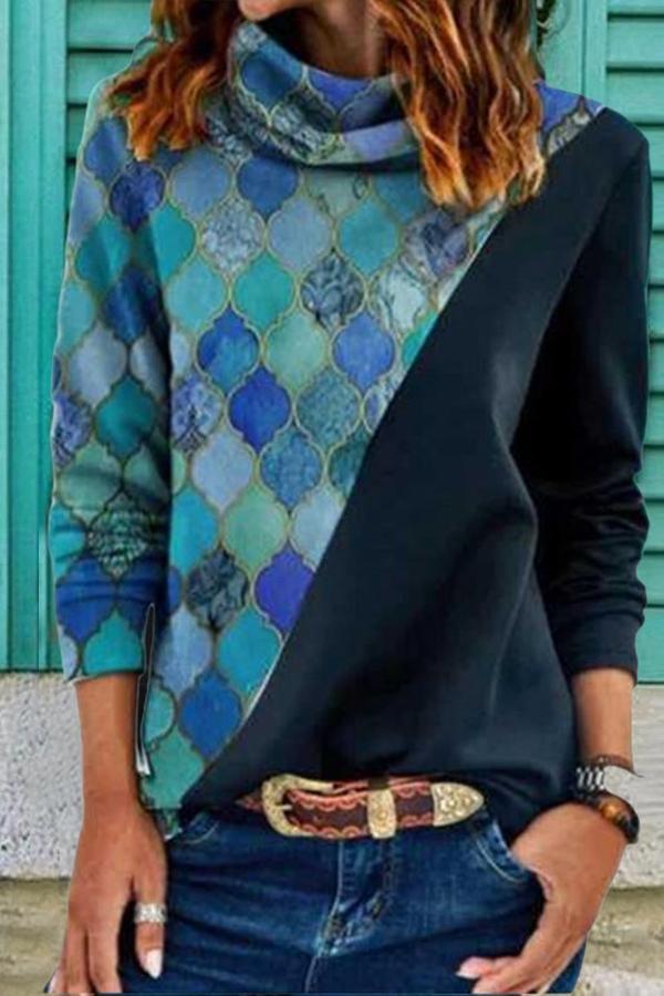 Loose Two-tone Printed Long-sleeved Sweater