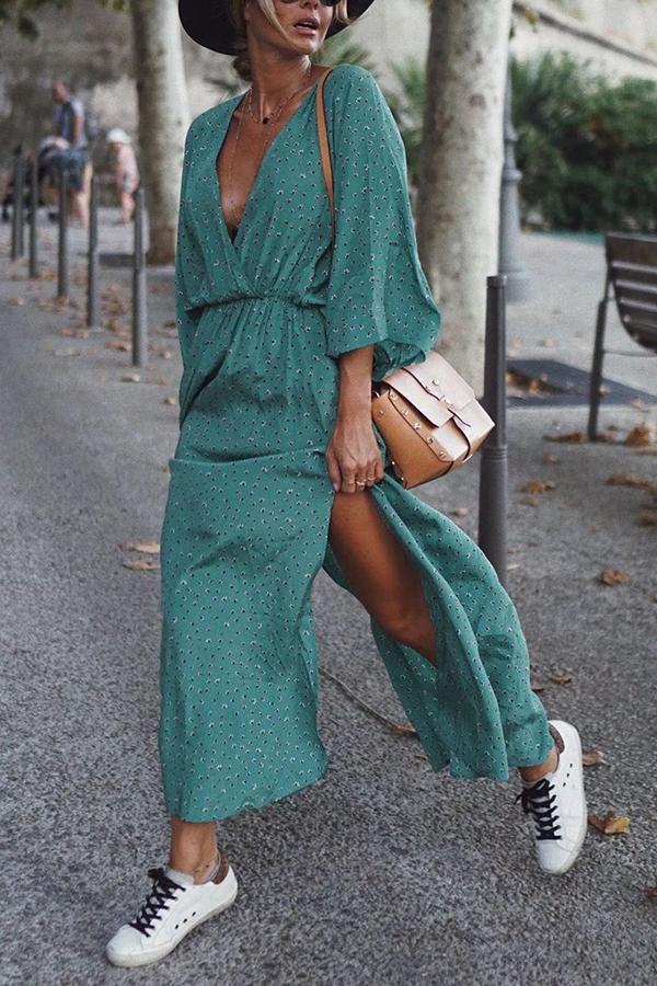 V-neck Printed Slit Casual Dress