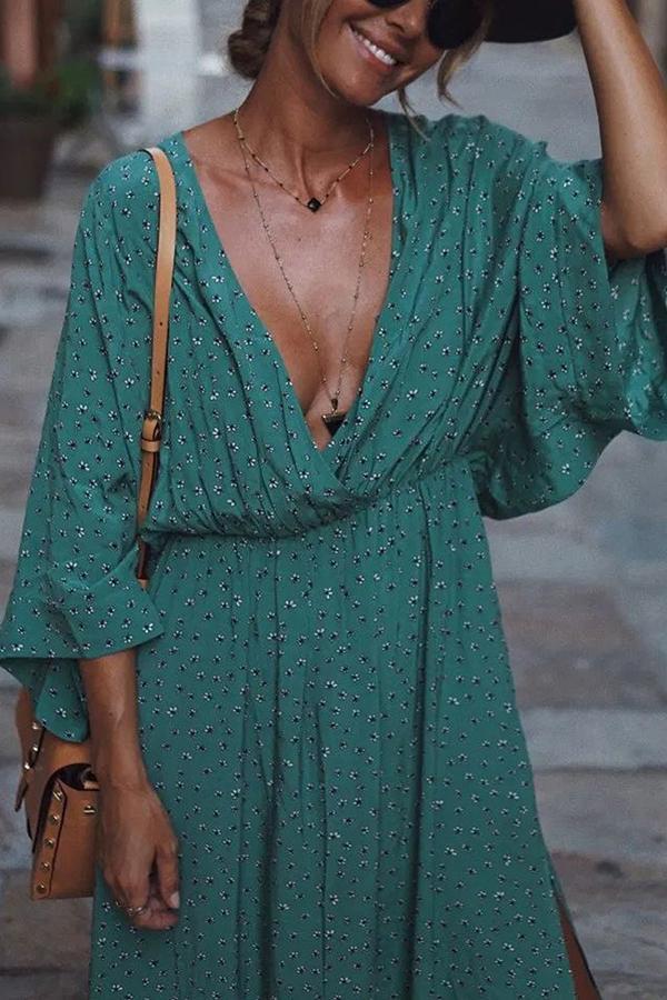 V-neck Printed Slit Casual Dress