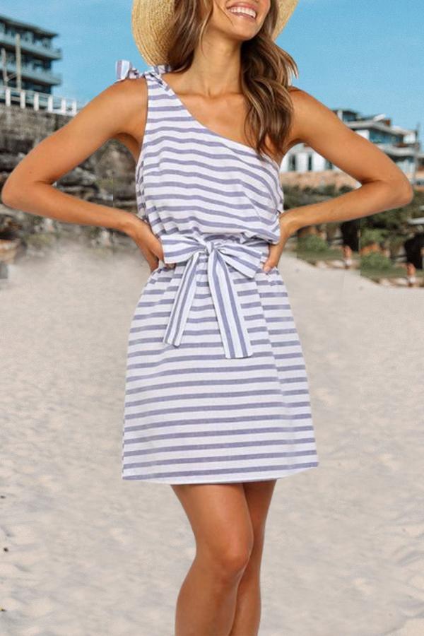 Slanted Shoulder Sleeveless Striped Casual Dress