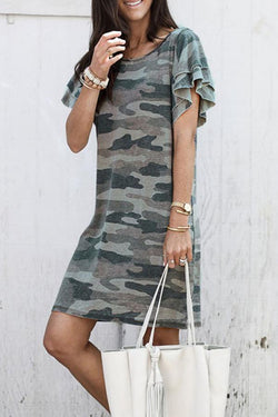 Camouflage Pile Sleeves Casual Faded Dress