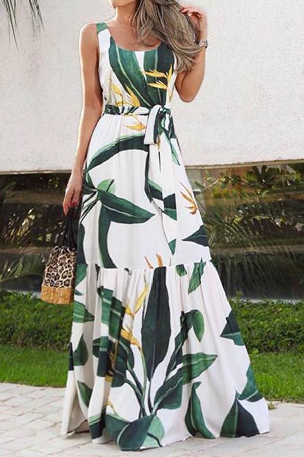 Bohemian Green Printed Bouquet Waist Dress