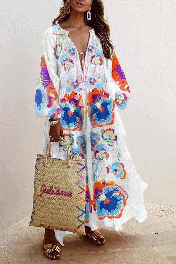 Lantern-sleeve Multicolor Embroidered Loose Lace Dress