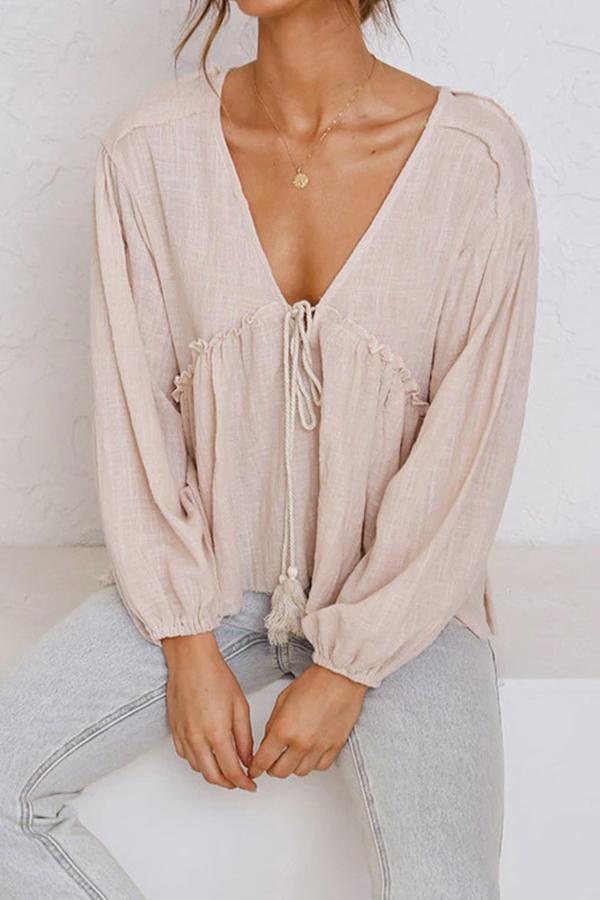 V-neck Cotton Linen Lace-up Swing Shirt