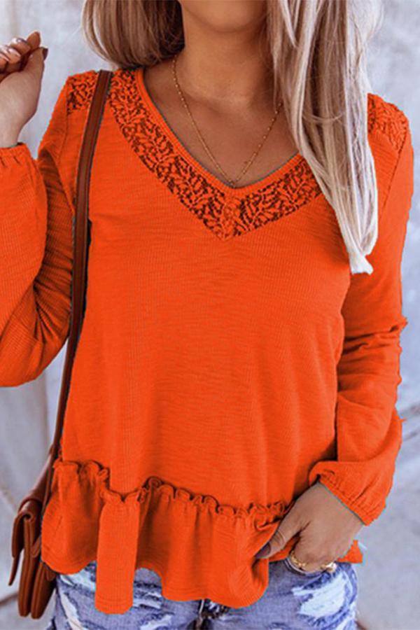 Peach-collar Lace Stitching Casual Knitted Shirt