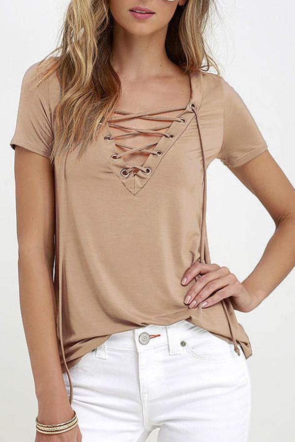 V-neck Drawstring Sexy Casual Short-sleeved T-shirt