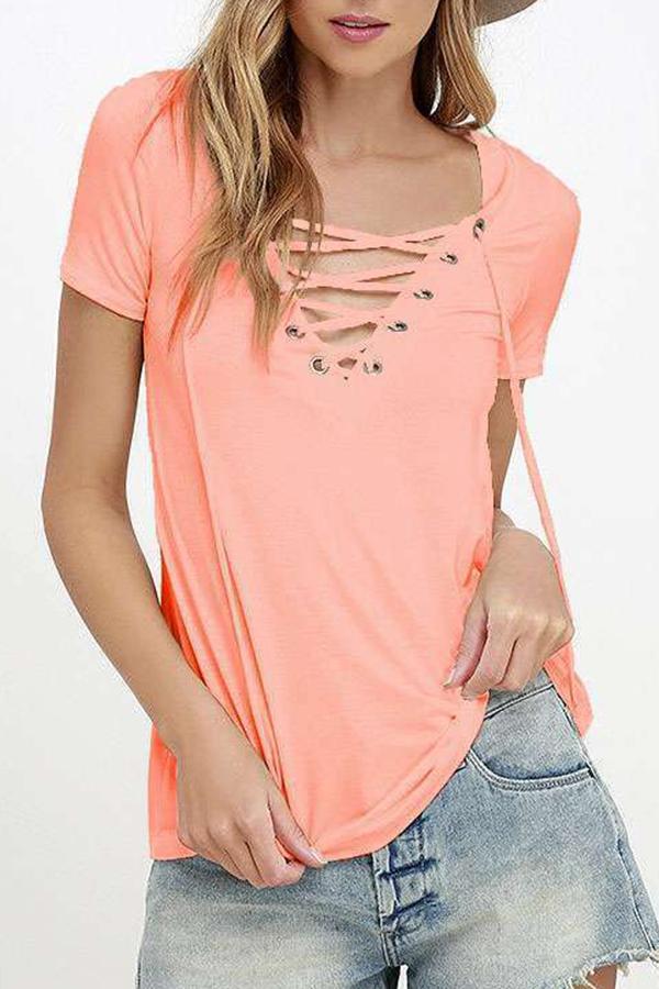 V-neck Drawstring Sexy Casual Short-sleeved T-shirt