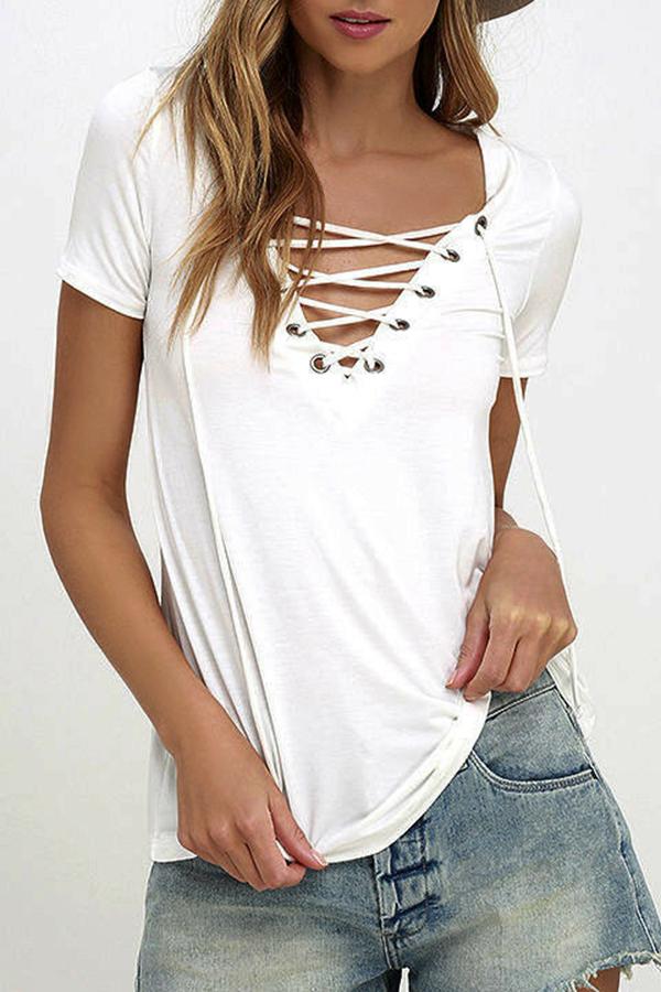 V-neck Drawstring Sexy Casual Short-sleeved T-shirt