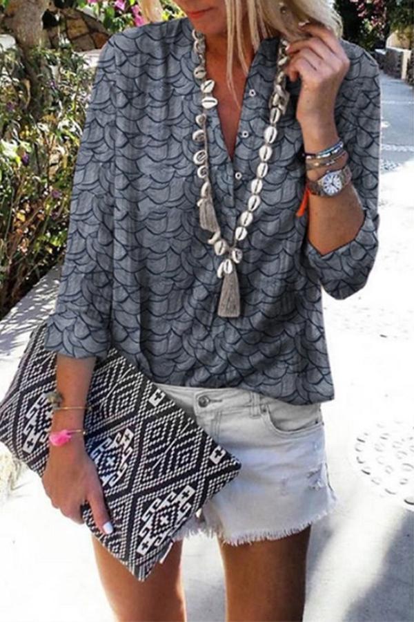 Printed Multicolor V-neck Long-sleeved Casual Shirt