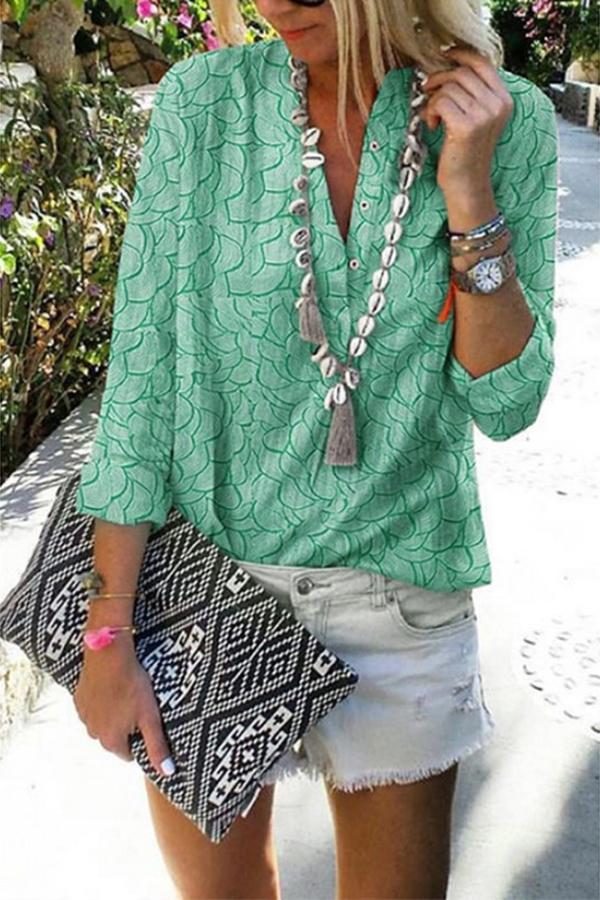 Printed Multicolor V-neck Long-sleeved Casual Shirt