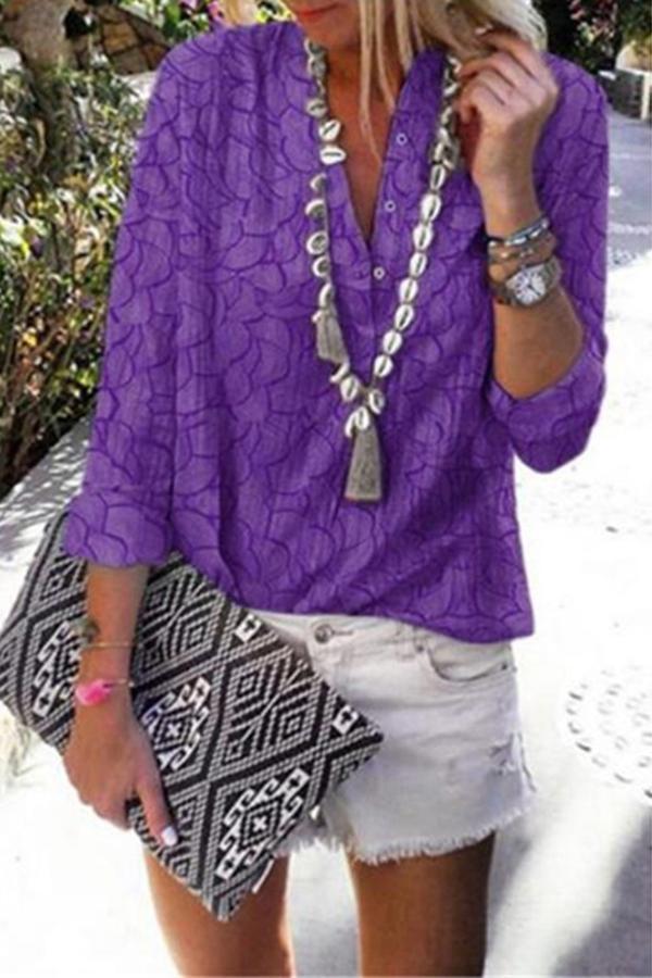 Printed Multicolor V-neck Long-sleeved Casual Shirt