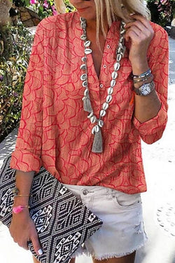 Printed Multicolor V-neck Long-sleeved Casual Shirt