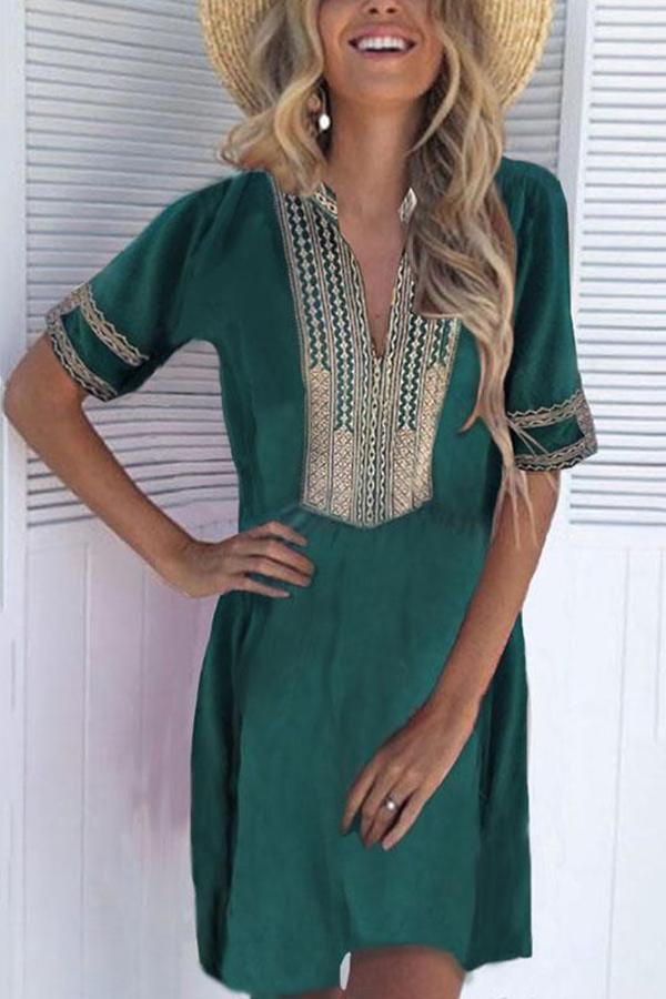 V-neck Ethnic Embroidery A-line Holiday Dress