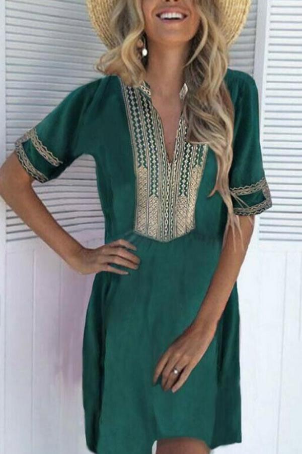 V-neck Ethnic Embroidery A-line Holiday Dress