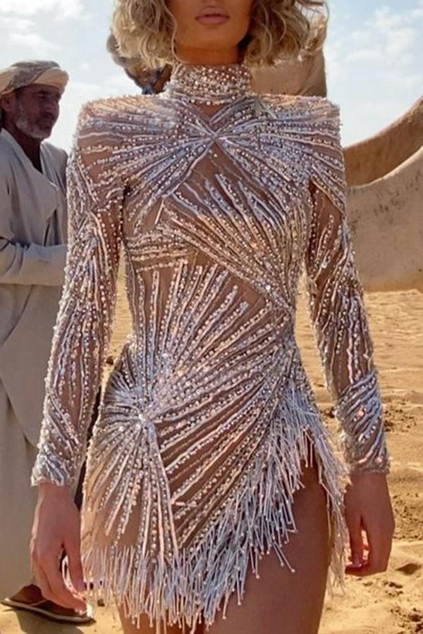 Sexy Gold Silver Fringed Split Dress