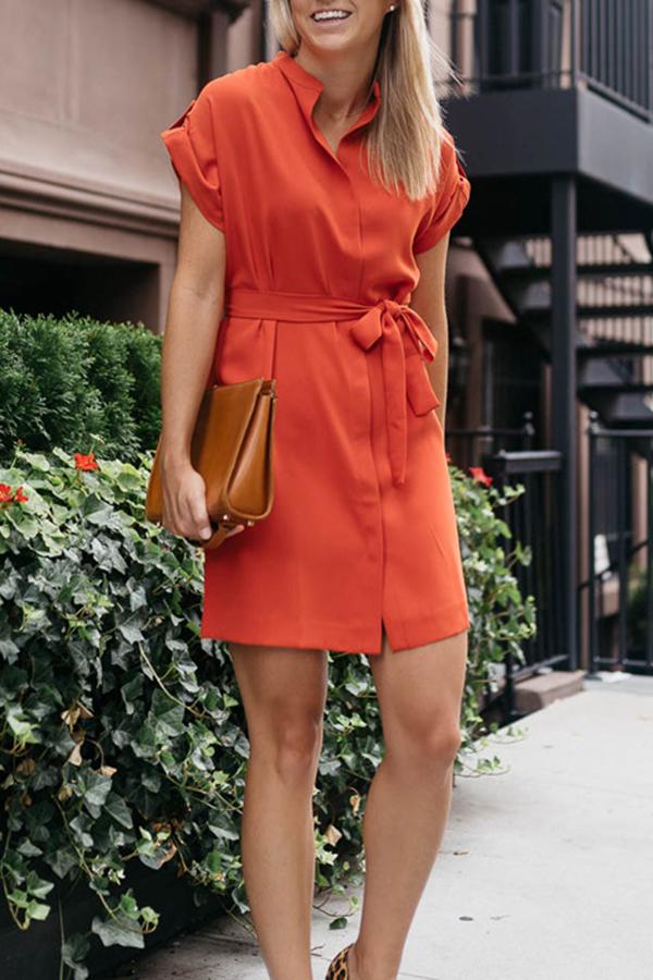 Orange Sunshine Shirt Collar Lace Midi Dress