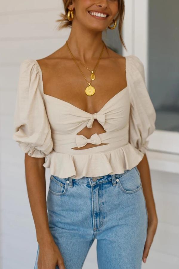 Short Popular Bow Puff Sleeve Shirt