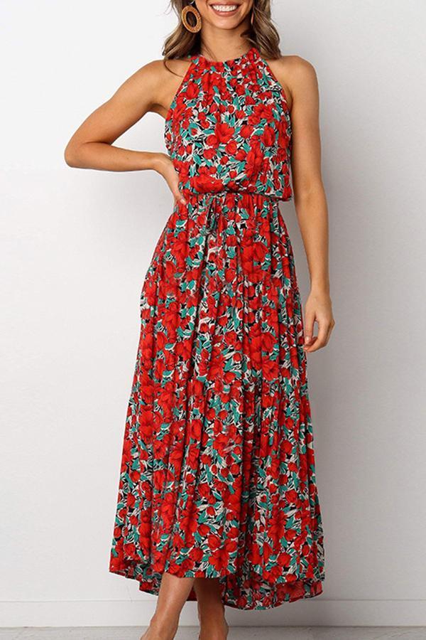 Elegant Floral Print Halter Dress