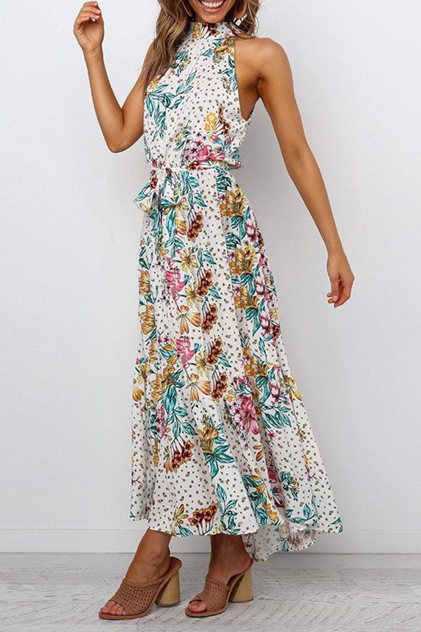 Elegant Floral Print Halter Dress