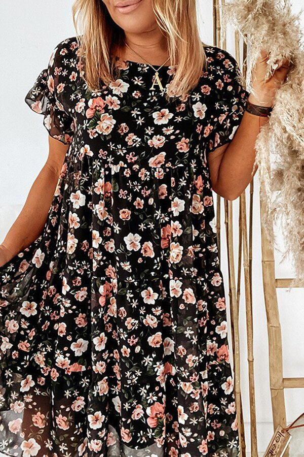 Chic Floral Print Ruffle Sleeves Dress