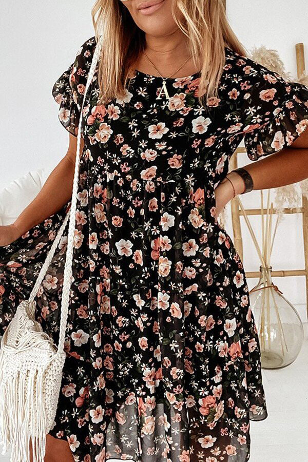 Chic Floral Print Ruffle Sleeves Dress