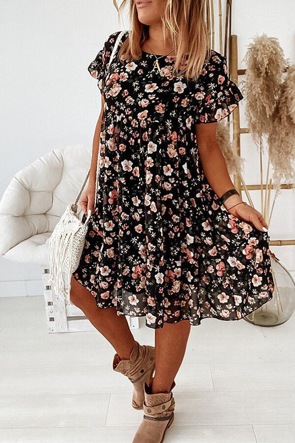 Chic Floral Print Ruffle Sleeves Dress