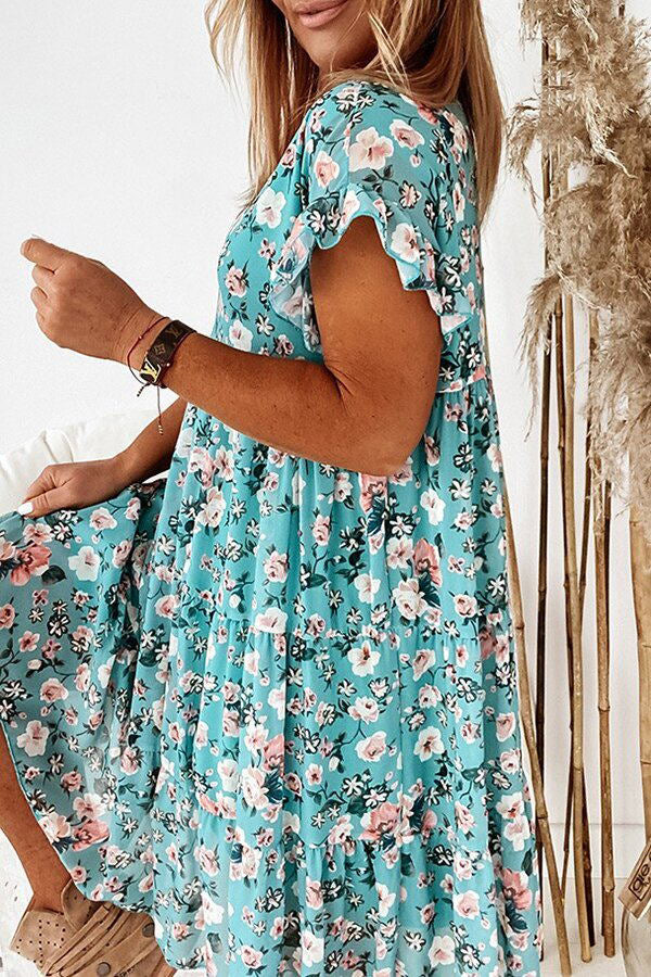 Chic Floral Print Ruffle Sleeves Dress