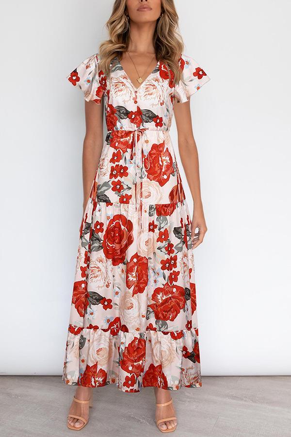 Pretty Floral Print Lacing Dress