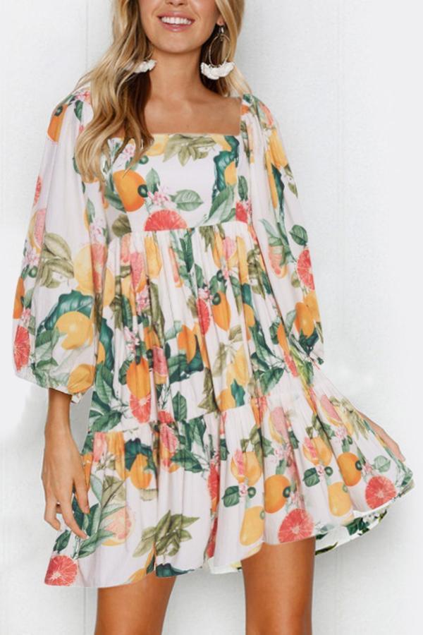 Smart Fruit Print Flared Sleeves Dress