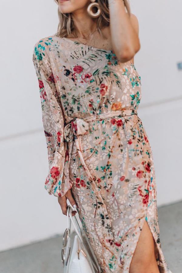 One-shoulder Print Split Ruffle Calf-length Dress