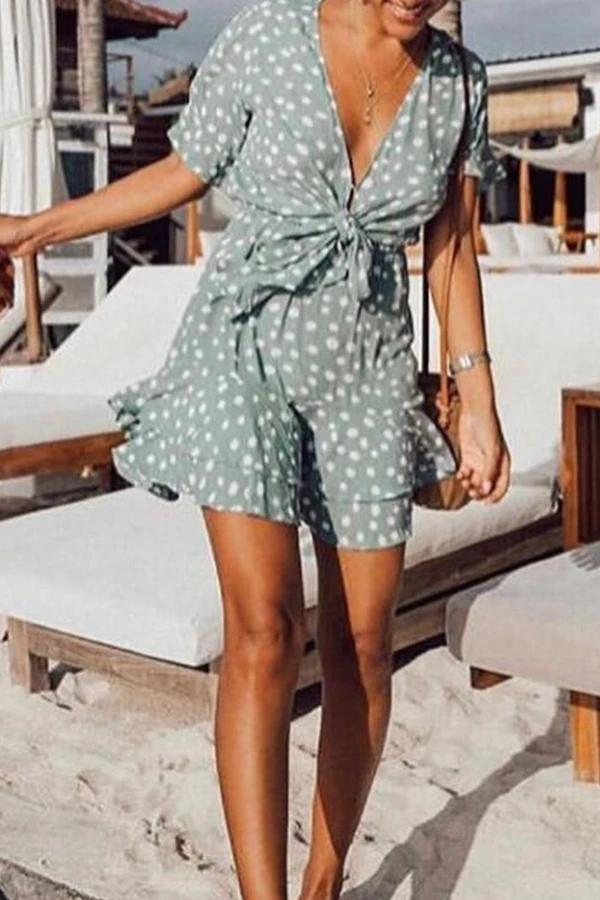 Tiered Sleeve Polka Dot V Neck Pleated Dress