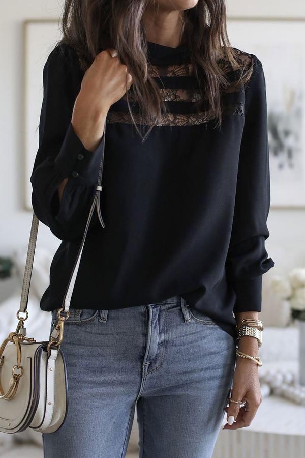 Lace Round Neck Long Sleeve Shirt