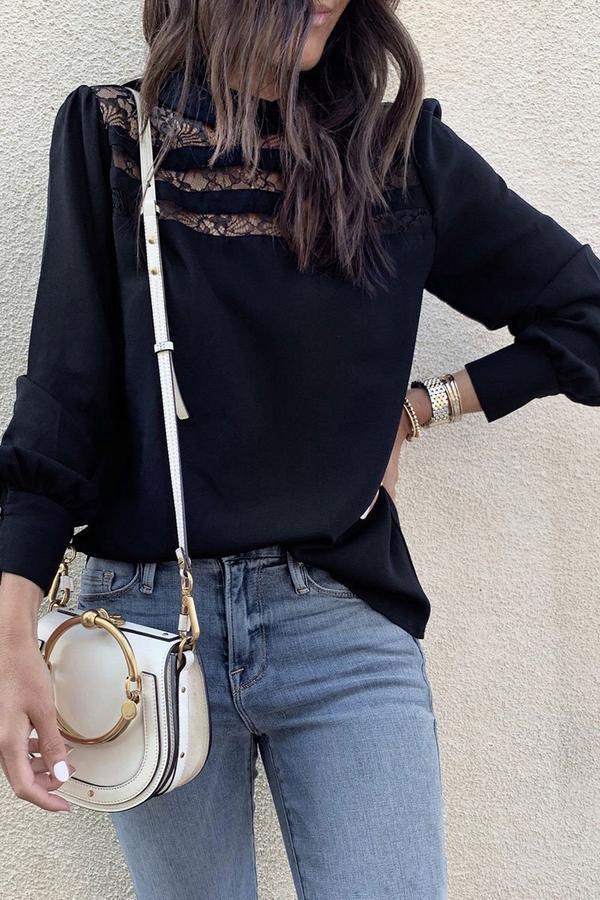 Lace Round Neck Long Sleeve Shirt