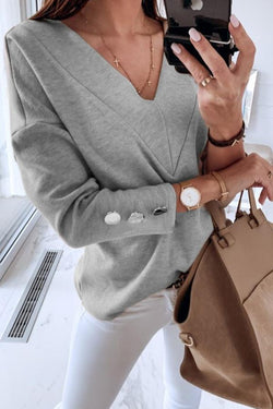 Long Sleeve Solid Color V Neck Casual Wear Blouse